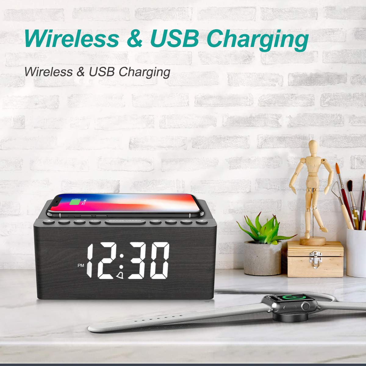ANJANK Wooden Digital LED Alarm Clock FM Radio, Fast Wireless Charger Station for iPhone/Samsung Galaxy, 5 Level Dimmer, USB Charging Port, 9 Sounds, Sleep Timer for Bedroom, Bedside, Desk