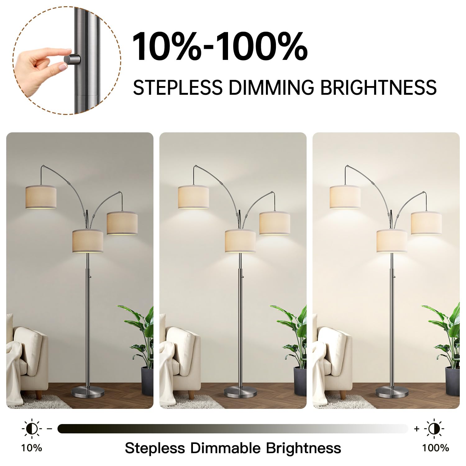 Dimmable Floor Lamp, 3 Lights Black Arc Floor Lamps for Living Room, Modern Tall Standing Tree Lamp with Linen Shade & Heavy Base, Large Floor Lamp for Bedroom Office, 3x1000 LM LED Bulbs Included