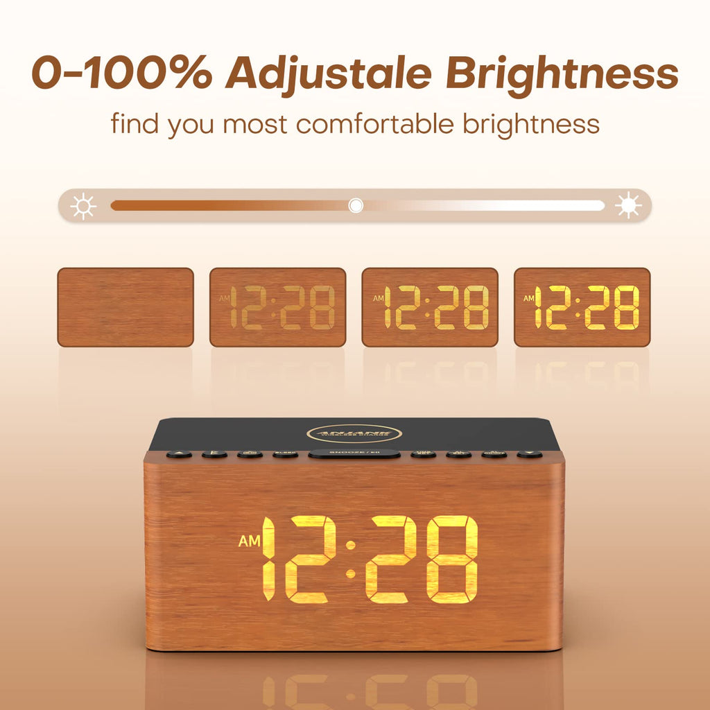 ANJANK Wooden Digital LED Alarm Clock FM Radio, Fast Wireless Charger Station for iPhone/Samsung Galaxy, 5 Level Dimmer, USB Charging Port, 9 Sounds, Sleep Timer for Bedroom, Bedside, Desk