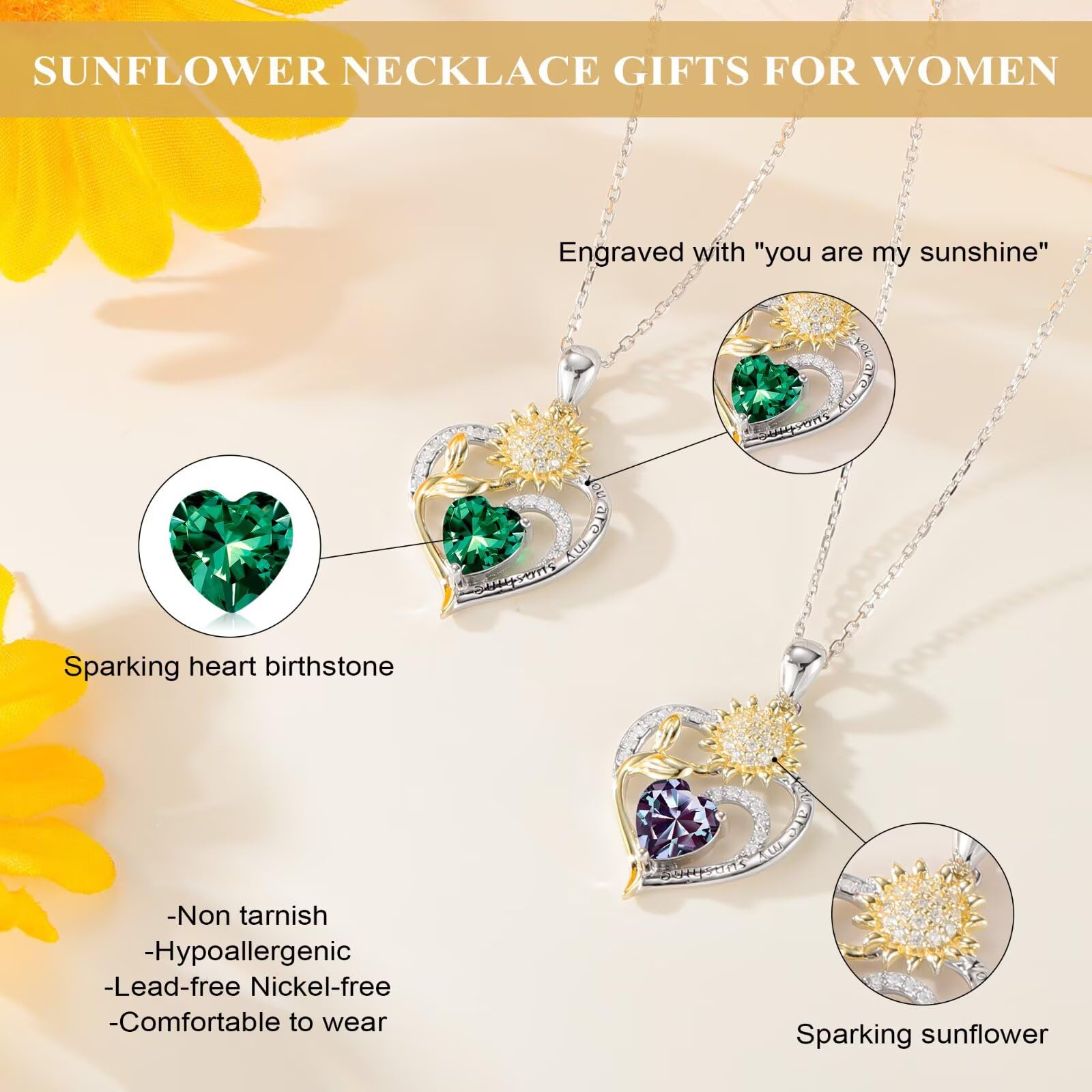 Iefil Christmas Gifts for Women Wife - Sunflower Birthstone Necklace for Women, Anniversary Birthday Gifts 925 Sterling Silver Heart Pendant You Are My Sunshine Jewelry for Girlfriend Mom Daughter