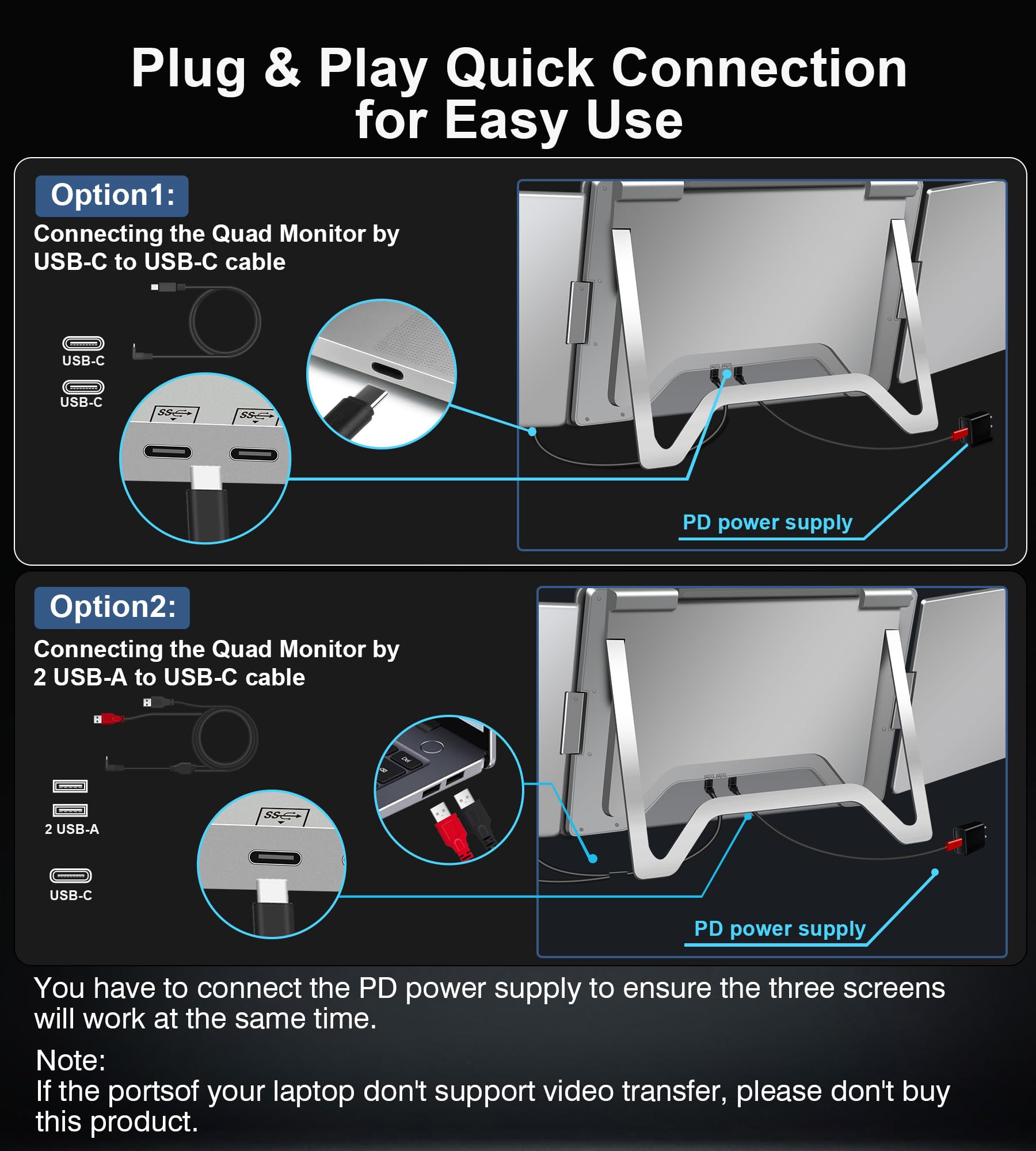 FOPO Portable Monitor for Laptop - 16” FHD 1200P Triple Monitor Laptop Screen Extender with HDMI and USB-C Connectivity for Effortless Multitasking-S11