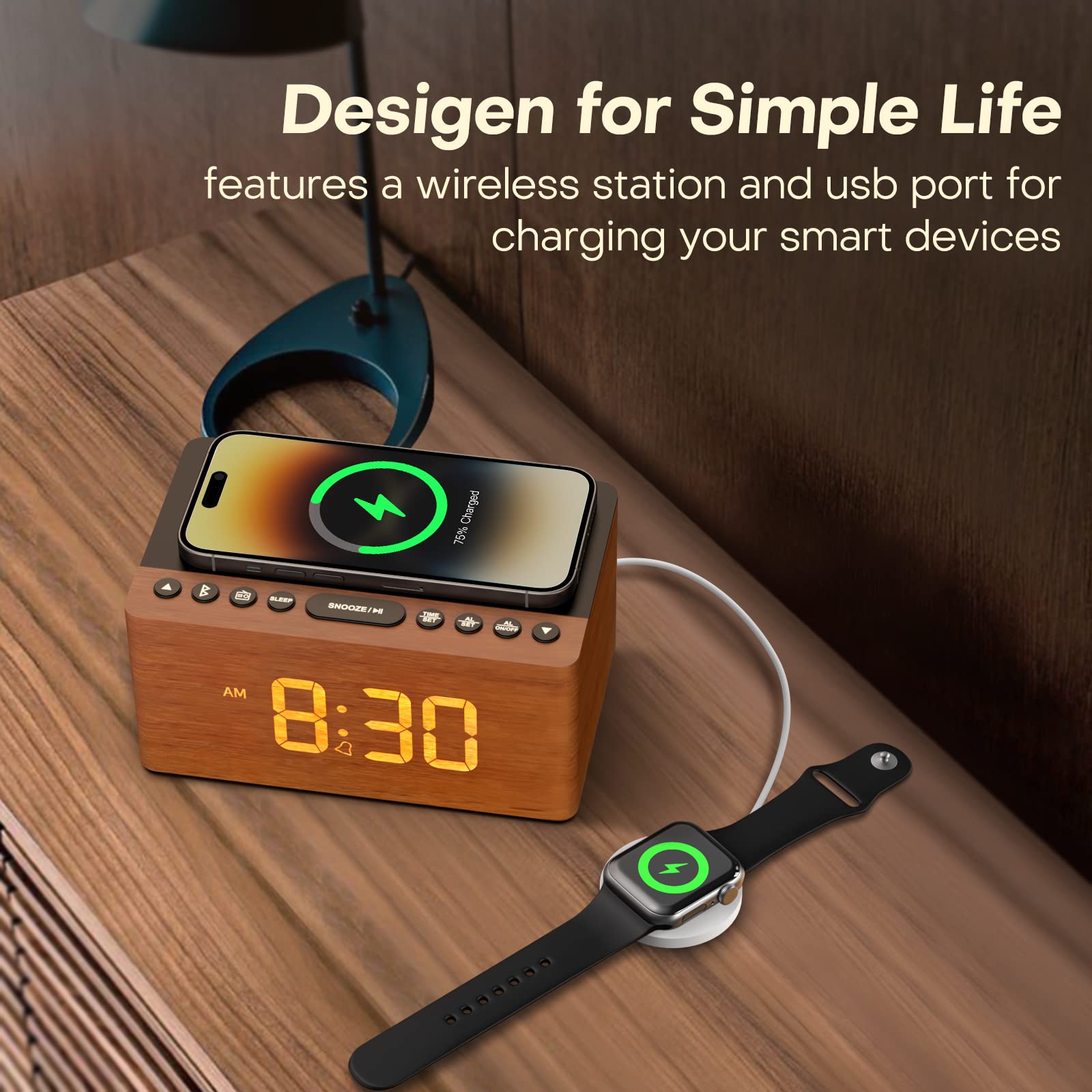 ANJANK Wooden Digital LED Alarm Clock FM Radio, Fast Wireless Charger Station for iPhone/Samsung Galaxy, 5 Level Dimmer, USB Charging Port, 9 Sounds, Sleep Timer for Bedroom, Bedside, Desk