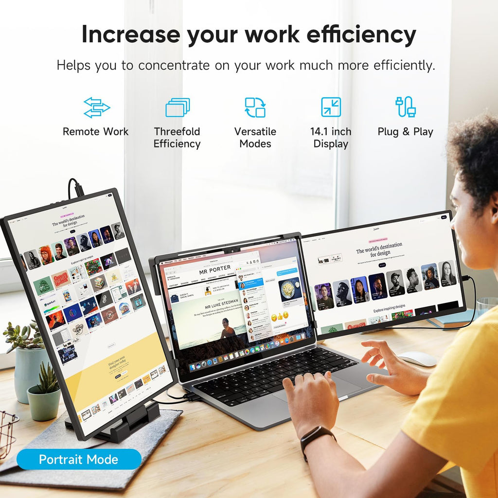 14" Laptop Screen Extender,FHD 1200P IPS Triple Portable Monitor,Dual Travel Screen Plug & Play,Laptop Monitor Extender for 14"-17.3",Compatible with Windows/Mac/Android & Chrome OS