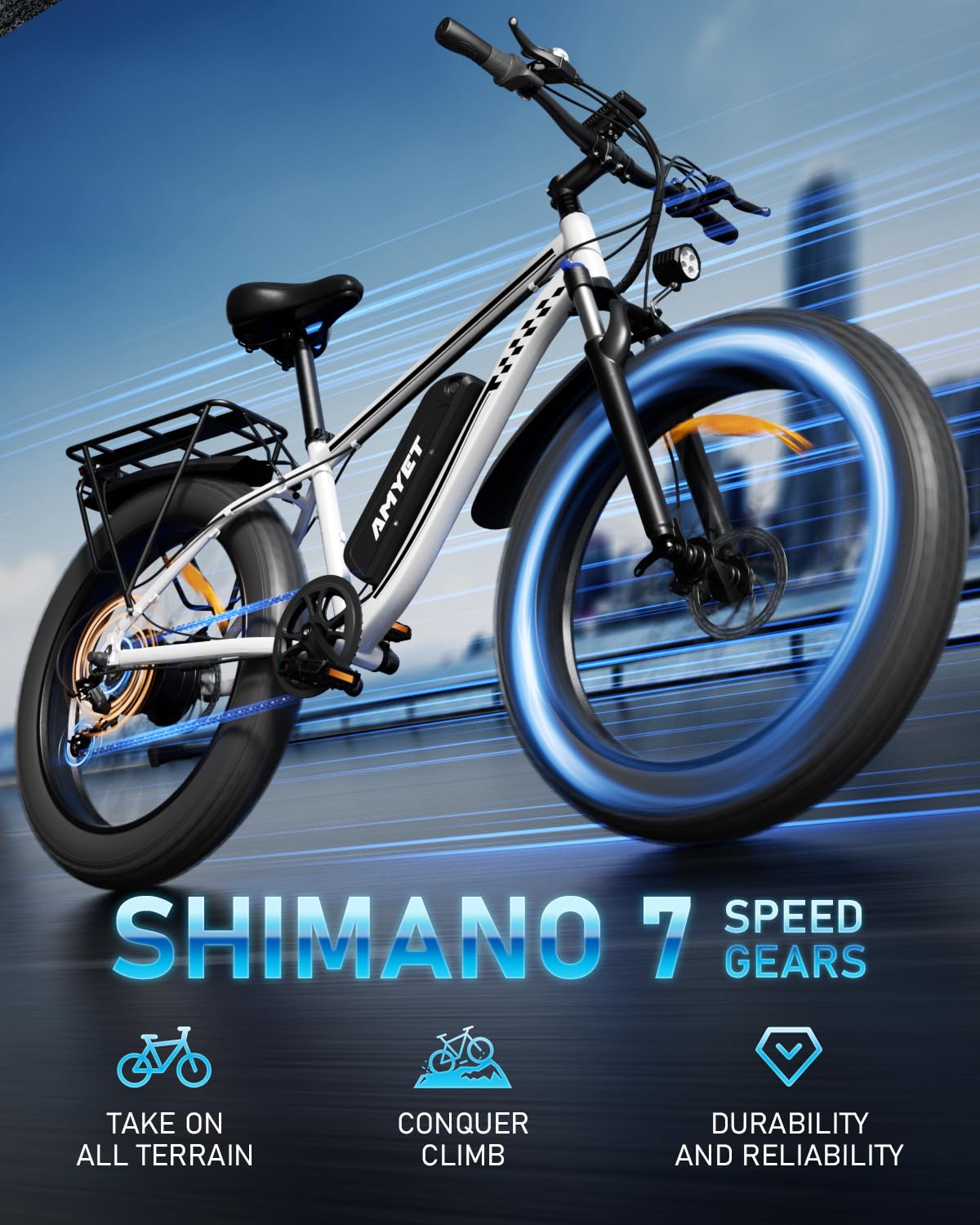 AMYET EB26 Electric Bike for Adults Peak 1500W Electric Bicycle 48V 15AH (720WH) Battery Electric Bike 26" Fat Tire Mountain 28mph 7 Speed Gears Ebike