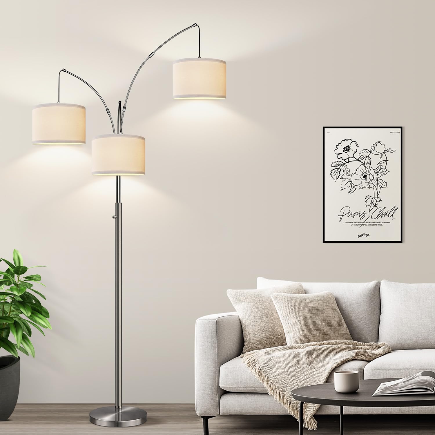 Dimmable Floor Lamp, 3 Lights Black Arc Floor Lamps for Living Room, Modern Tall Standing Tree Lamp with Linen Shade & Heavy Base, Large Floor Lamp for Bedroom Office, 3x1000 LM LED Bulbs Included