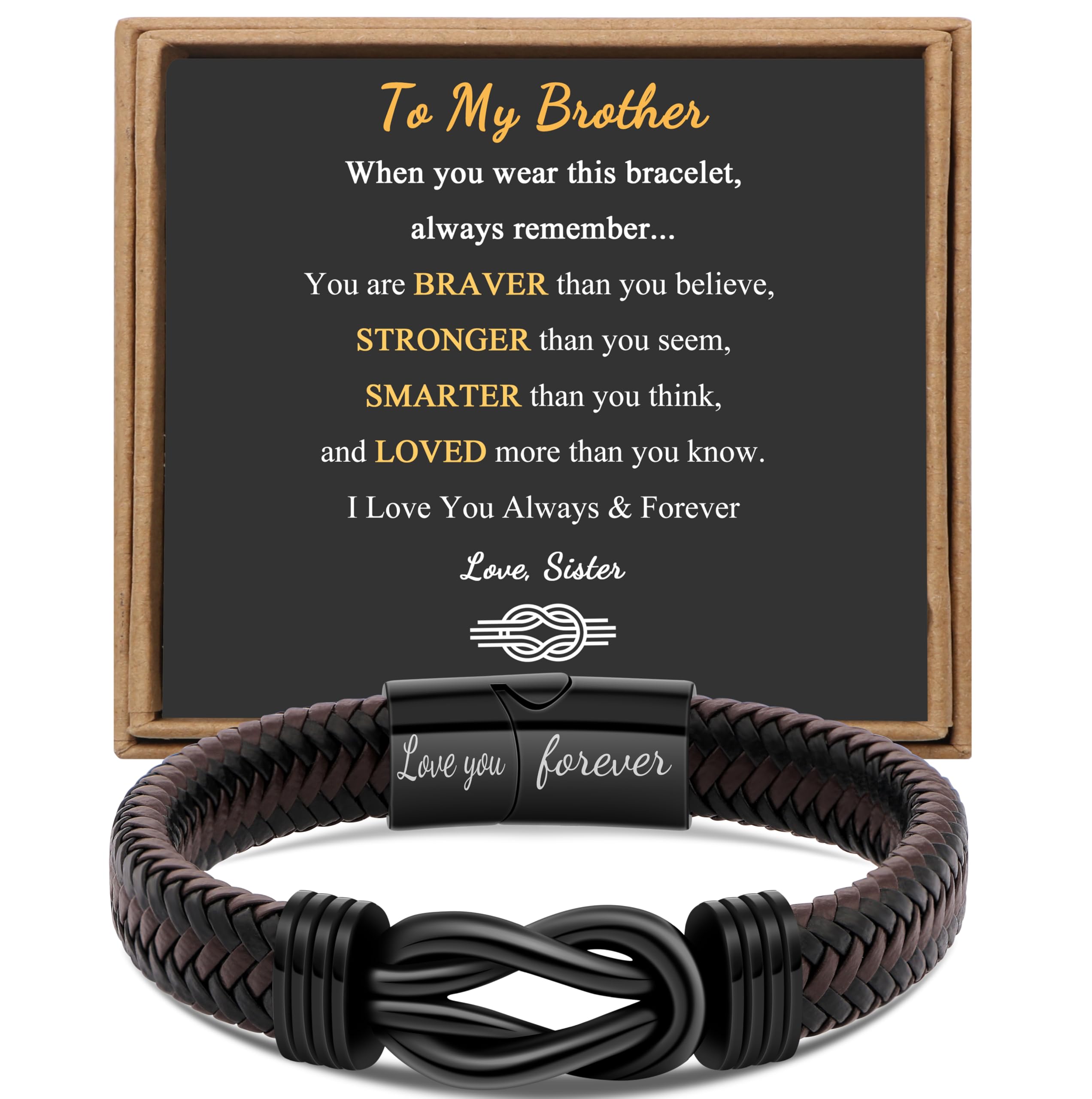 Gift for Men Infinity Bracelet for Men Dad Husband Boyfriend Son Grandson Brother Nephew Uncle Brown Braided Leather Forever Linked Together Stainless Steel Engraved with Love You Forever Jewelry 7.5|8.5|9 Inches