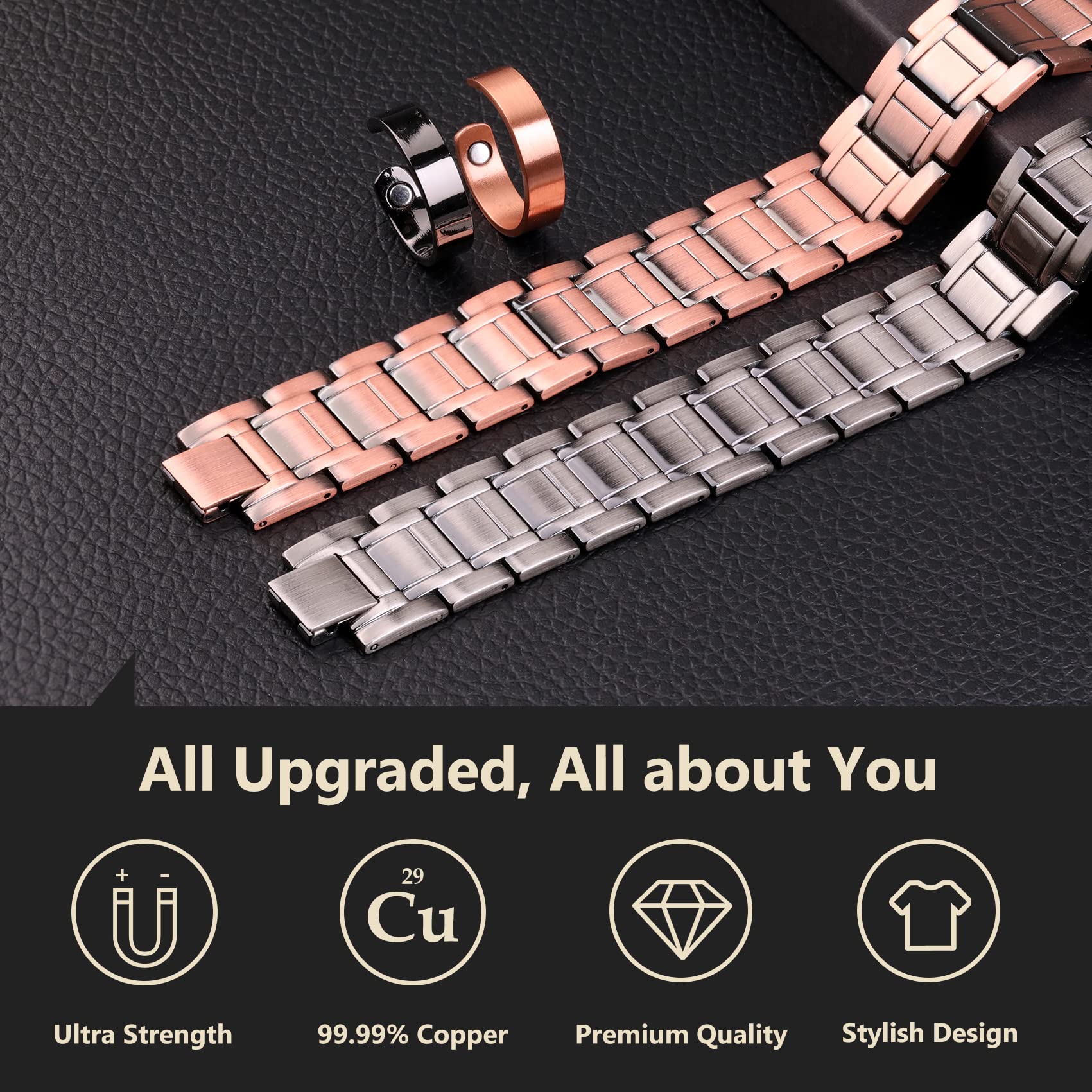 Feraco Men's Copper Bracelet,3X Strength 99.99% Pure Copper Magnetic Bracelets with Magnets,Adjustable Length with Sizing Tool