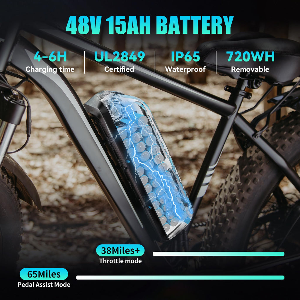 AMYET EB26 Electric Bike for Adults Peak 1500W Electric Bicycle 48V 15AH (720WH) Battery Electric Bike 26" Fat Tire Mountain 28mph 7 Speed Gears Ebike