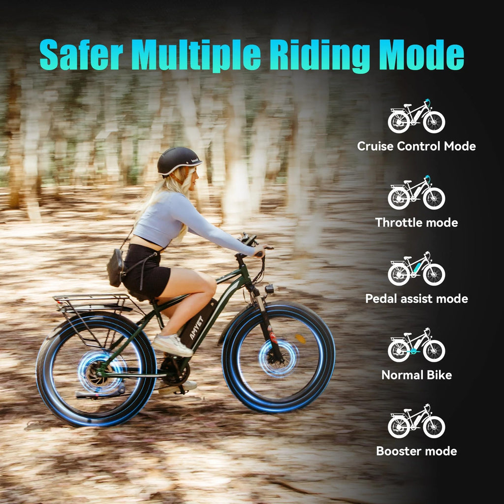 AMYET EB26 Electric Bike for Adults Peak 1500W Electric Bicycle 48V 15AH (720WH) Battery Electric Bike 26" Fat Tire Mountain 28mph 7 Speed Gears Ebike