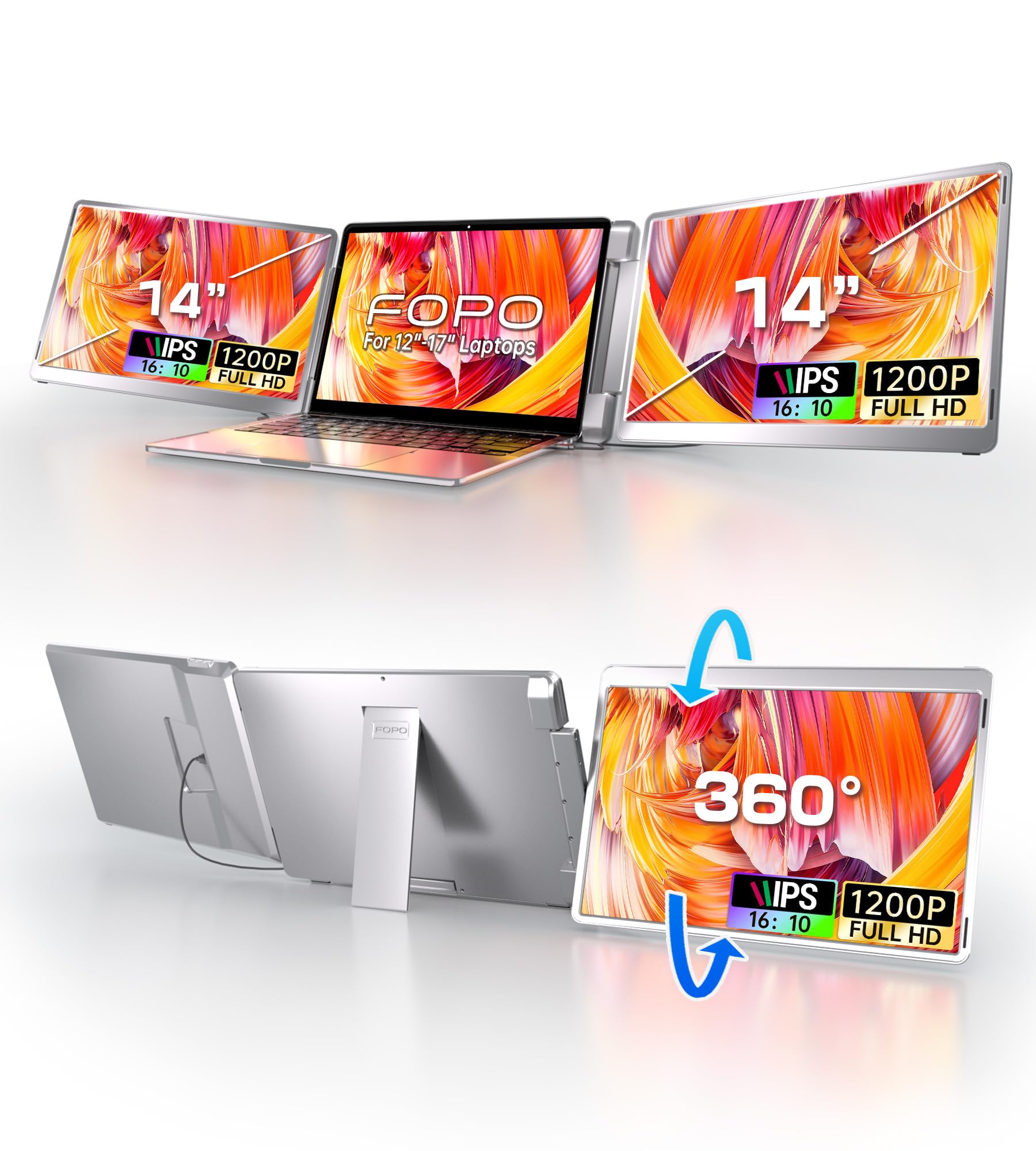 FOPO Portable Monitor for Laptop - 16” FHD 1200P Triple Monitor Laptop Screen Extender with HDMI and USB-C Connectivity for Effortless Multitasking-S11