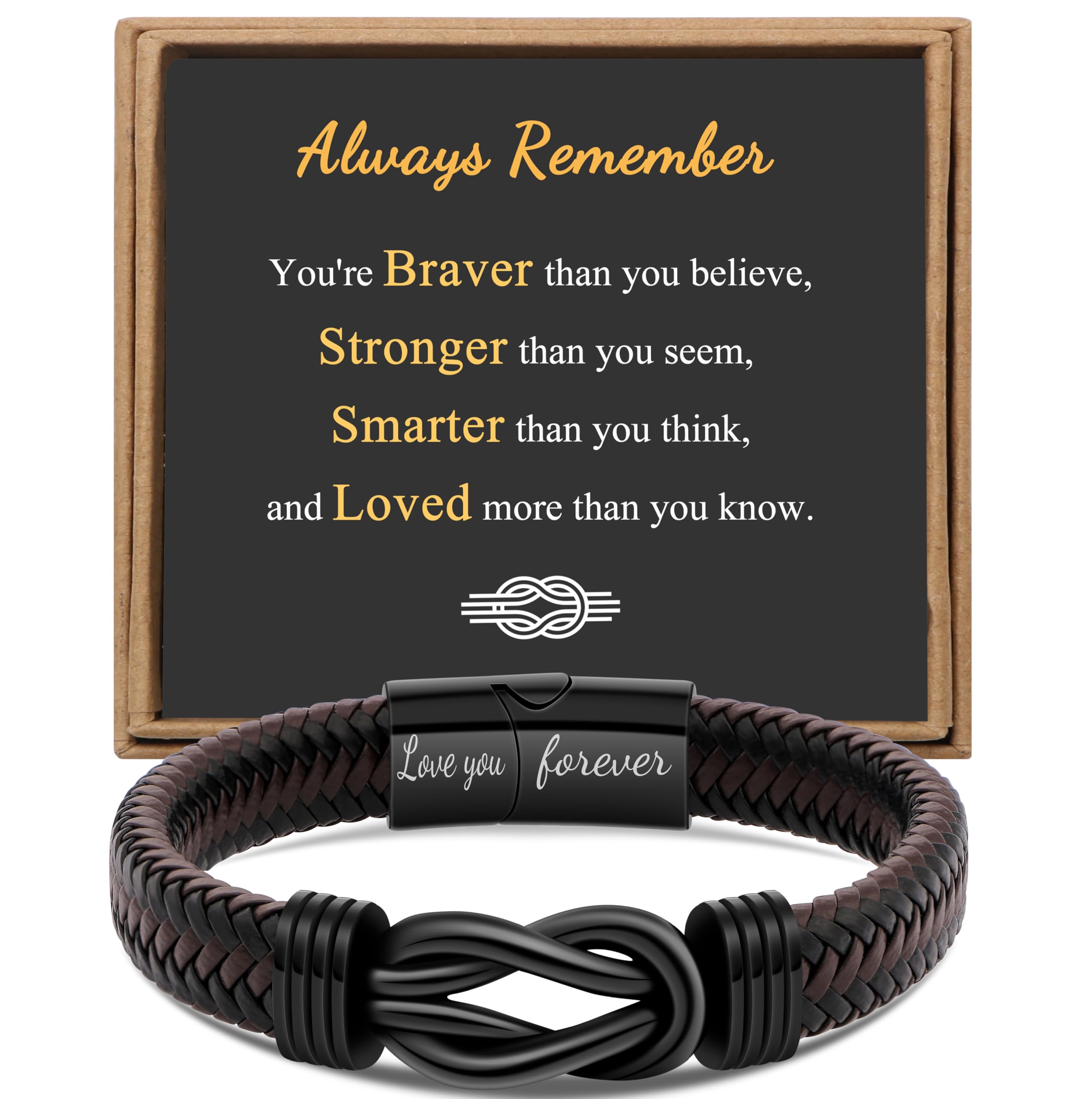 Gift for Men Infinity Bracelet for Men Dad Husband Boyfriend Son Grandson Brother Nephew Uncle Brown Braided Leather Forever Linked Together Stainless Steel Engraved with Love You Forever Jewelry 7.5|8.5|9 Inches