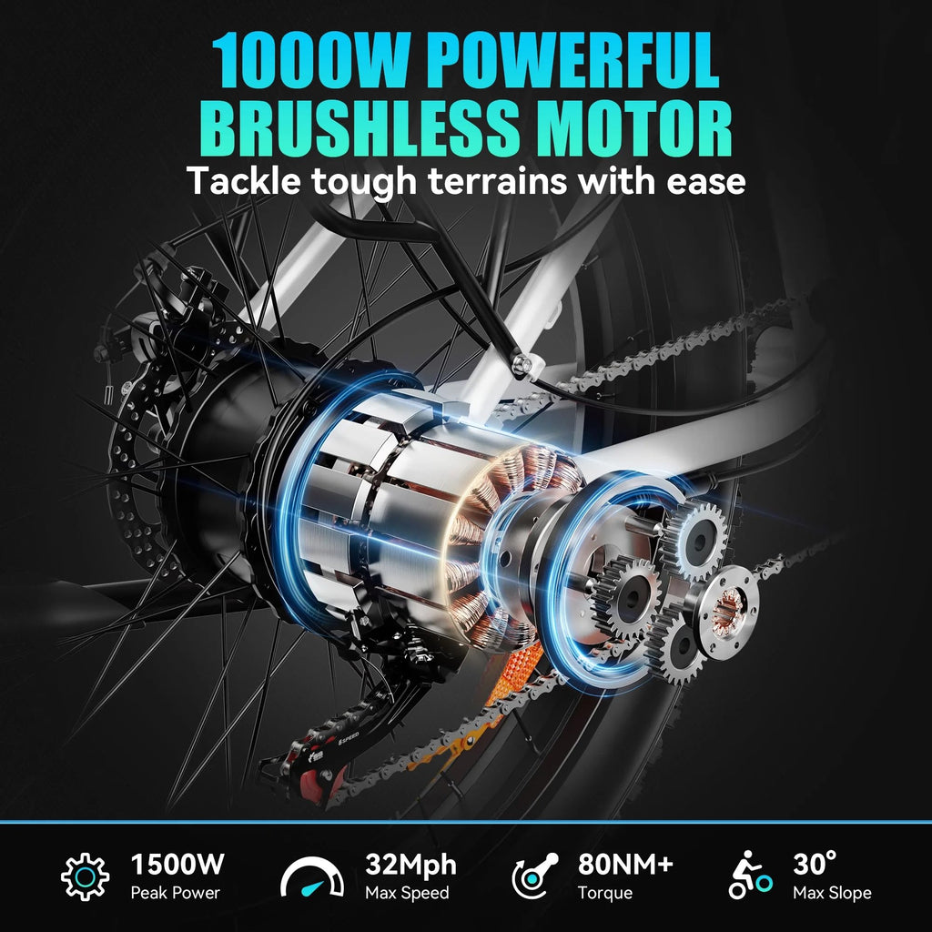 AMYET EB26 Electric Bike for Adults Peak 1500W Electric Bicycle 48V 15AH (720WH) Battery Electric Bike 26" Fat Tire Mountain 28mph 7 Speed Gears Ebike