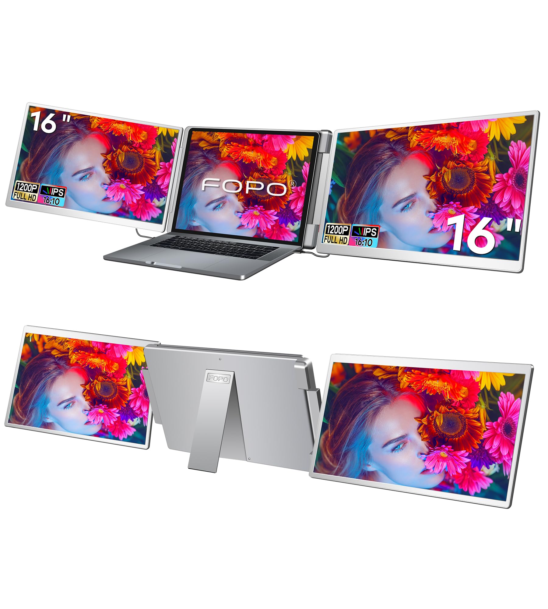 FOPO Portable Monitor for Laptop - 16” FHD 1200P Triple Monitor Laptop Screen Extender with HDMI and USB-C Connectivity for Effortless Multitasking-S11