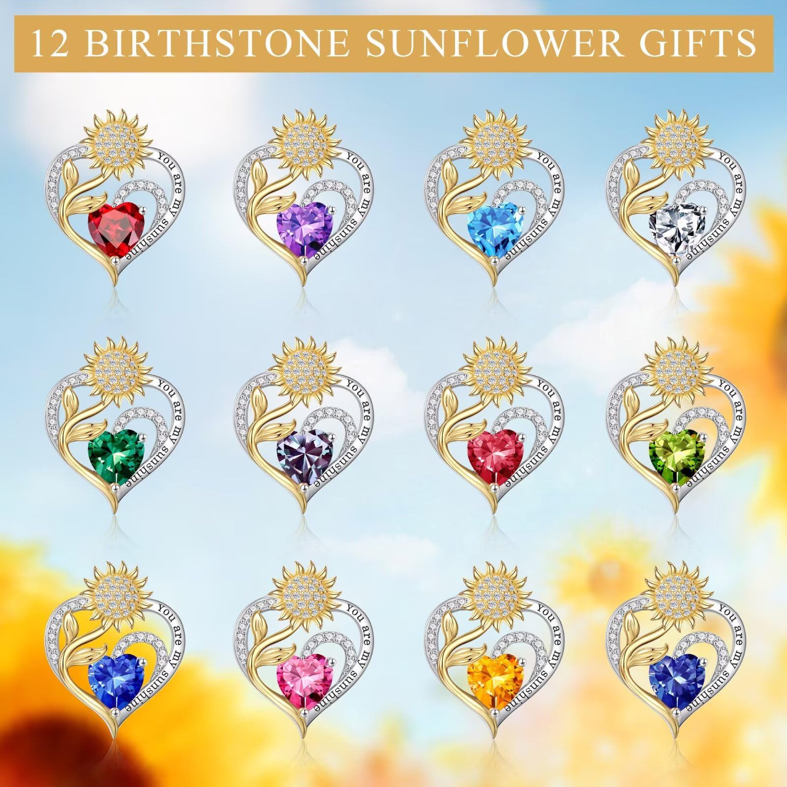 Iefil Christmas Gifts for Women Wife - Sunflower Birthstone Necklace for Women, Anniversary Birthday Gifts 925 Sterling Silver Heart Pendant You Are My Sunshine Jewelry for Girlfriend Mom Daughter