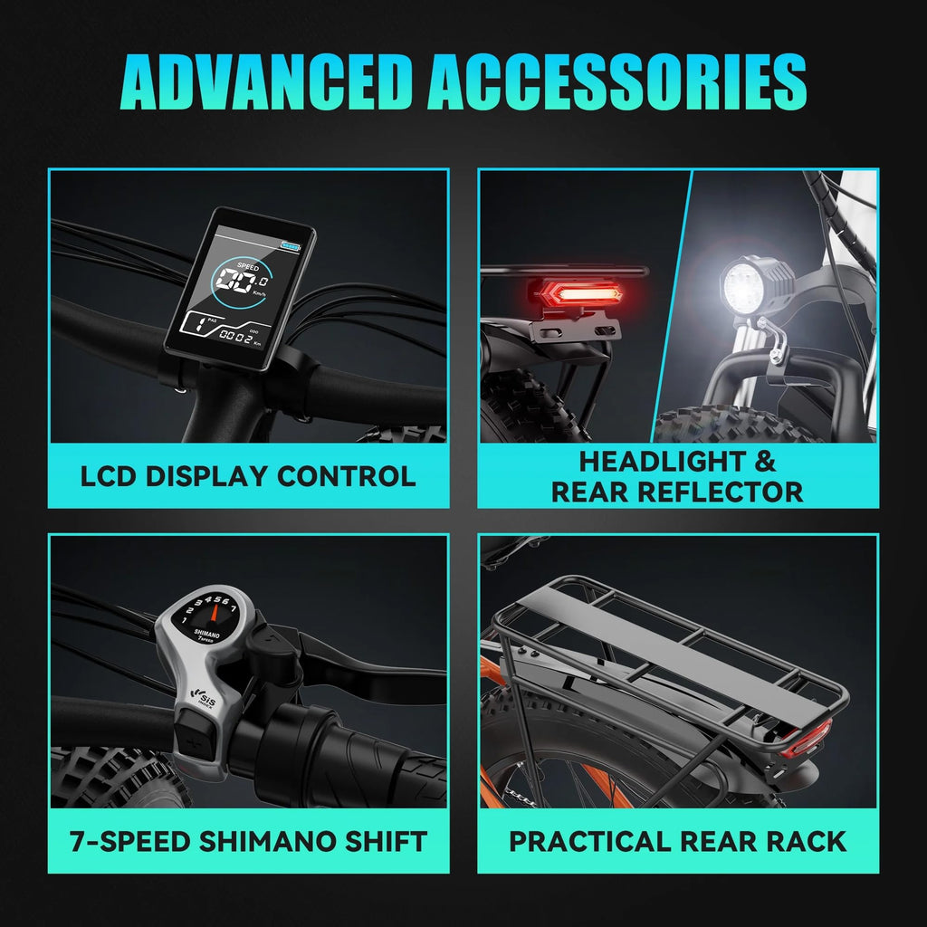 AMYET EB26 Electric Bike for Adults Peak 1500W Electric Bicycle 48V 15AH (720WH) Battery Electric Bike 26" Fat Tire Mountain 28mph 7 Speed Gears Ebike