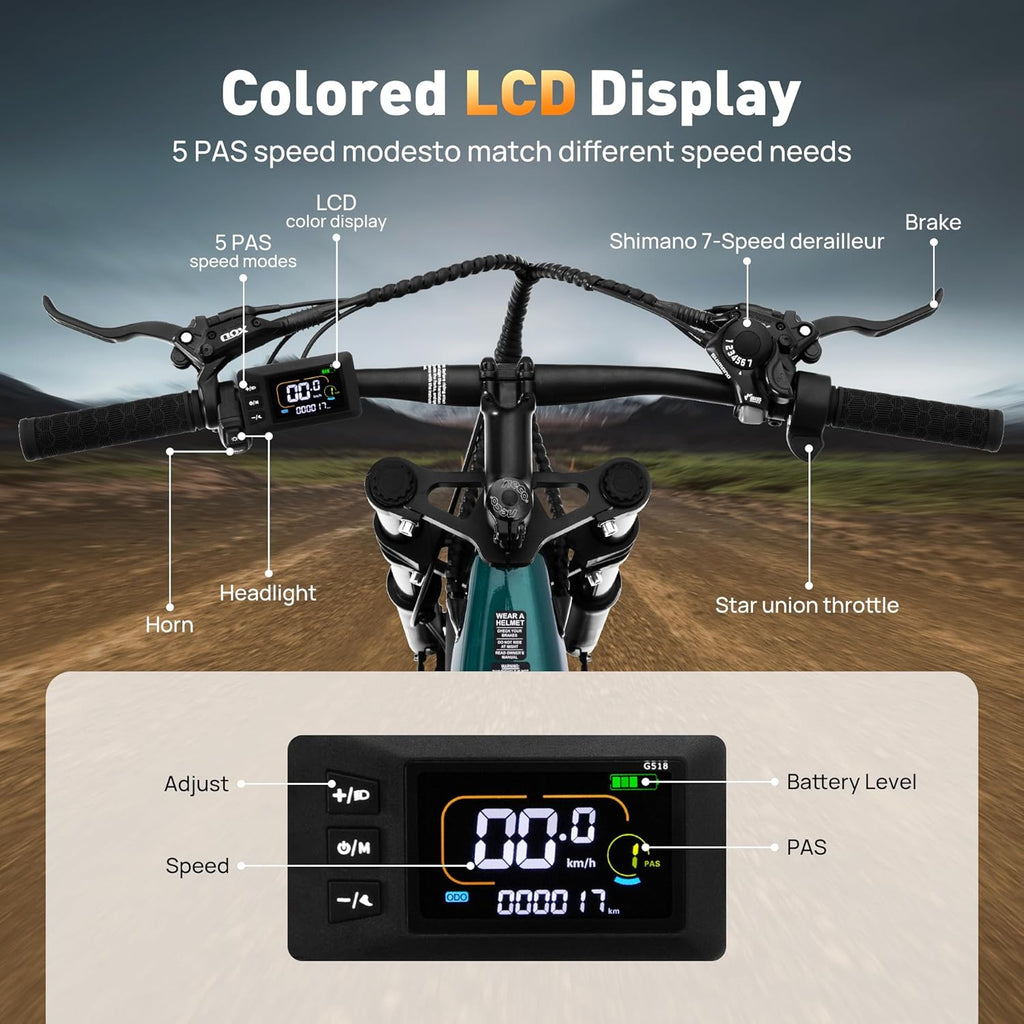 26" Fat Tire Electric Bike for Adults 1000W Peak Motor Electric Bike Ebike, Max Range 50 Miles & 20Mph Electric Mountain Bike with 48V 13AH Removable Battery, LCD Display