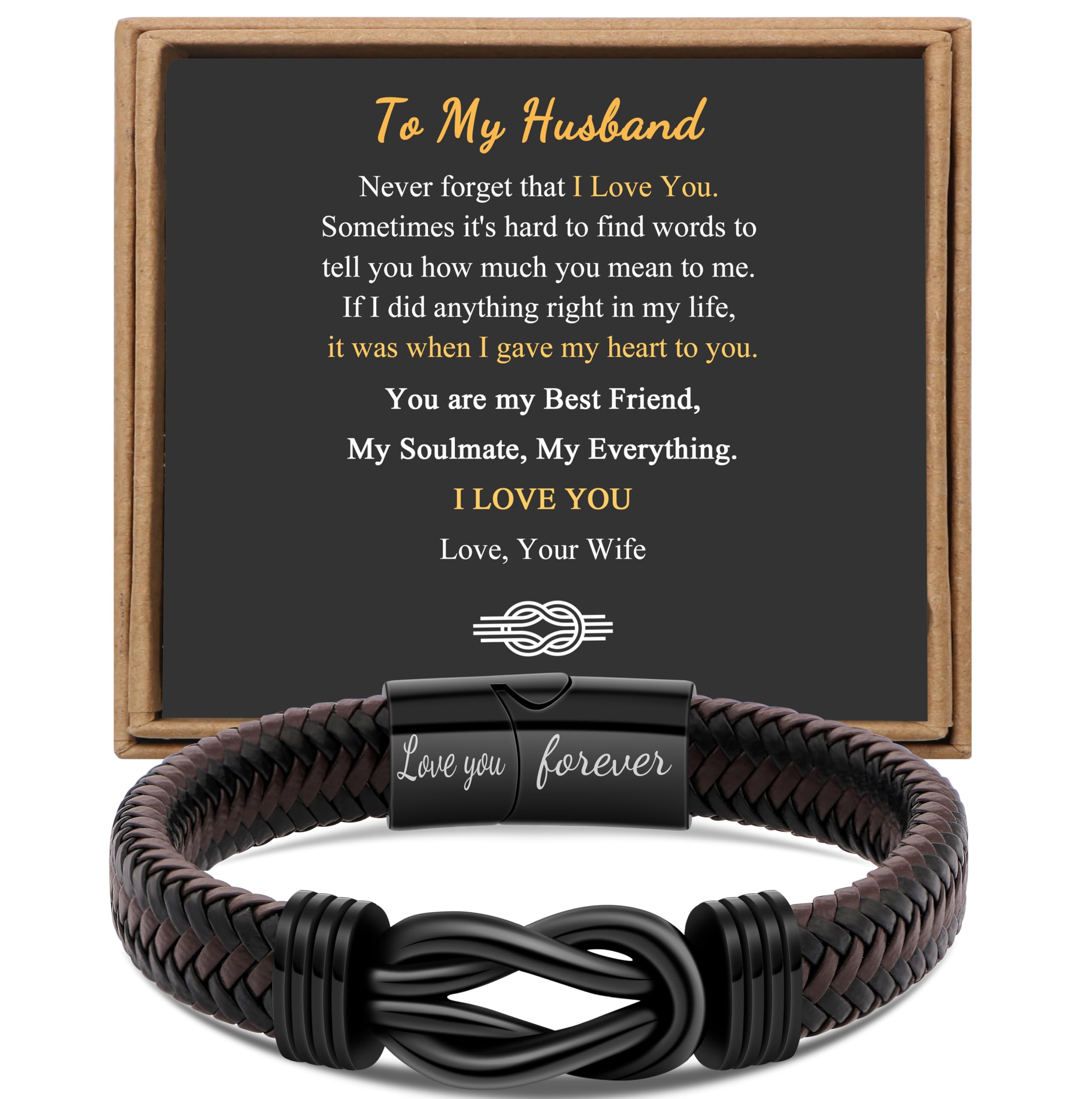 Gift for Men Infinity Bracelet for Men Dad Husband Boyfriend Son Grandson Brother Nephew Uncle Brown Braided Leather Forever Linked Together Stainless Steel Engraved with Love You Forever Jewelry 7.5|8.5|9 Inches
