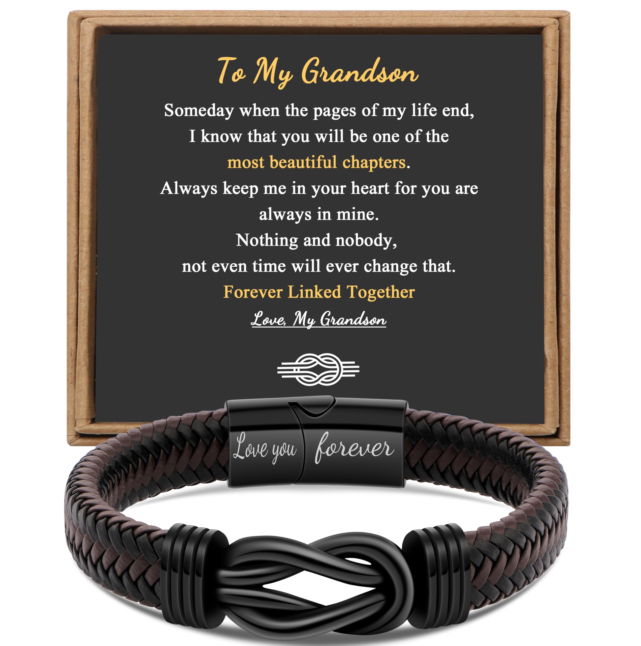 Gift for Men Infinity Bracelet for Men Dad Husband Boyfriend Son Grandson Brother Nephew Uncle Brown Braided Leather Forever Linked Together Stainless Steel Engraved with Love You Forever Jewelry 7.5|8.5|9 Inches