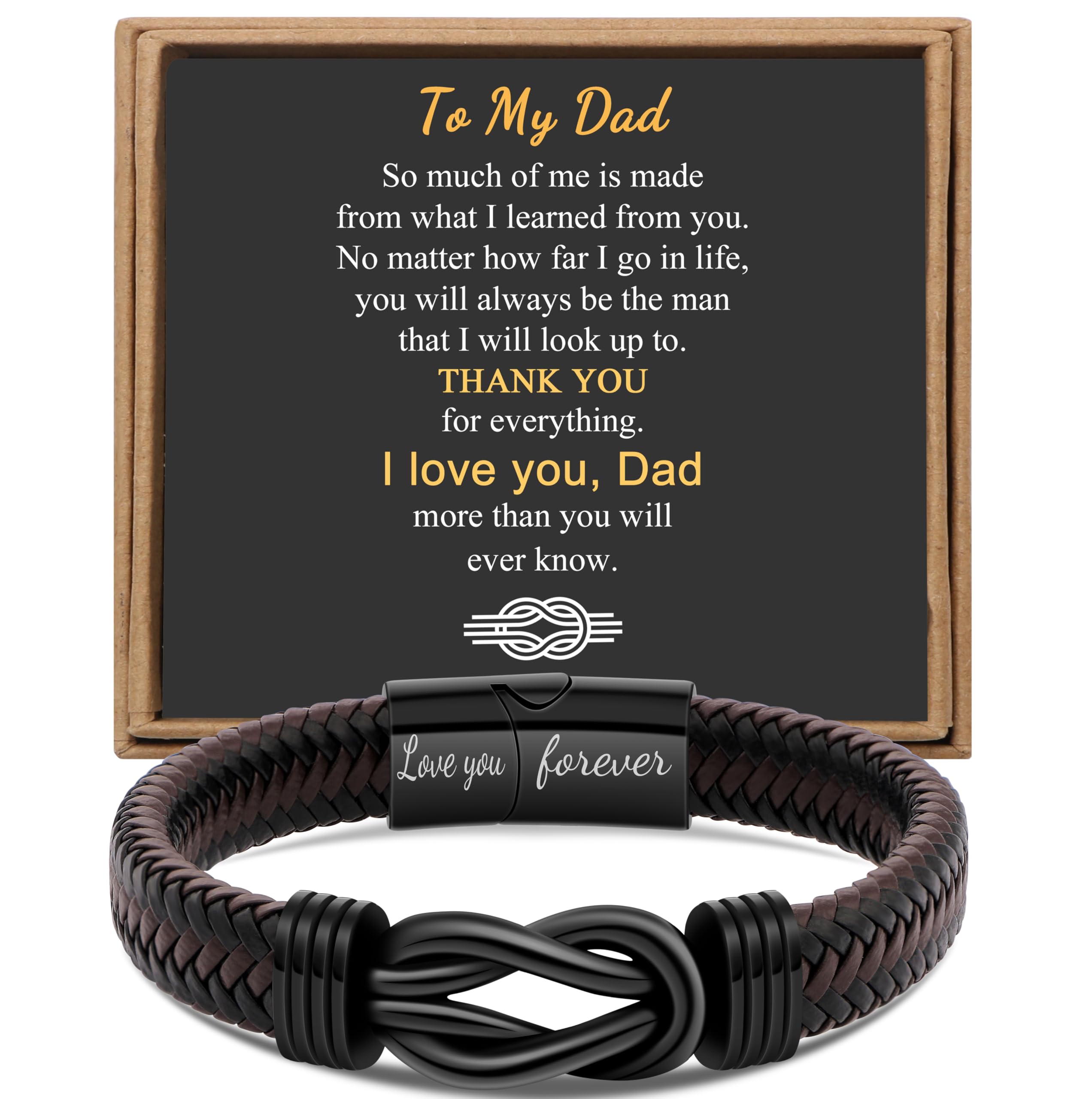 Gift for Men Infinity Bracelet for Men Dad Husband Boyfriend Son Grandson Brother Nephew Uncle Brown Braided Leather Forever Linked Together Stainless Steel Engraved with Love You Forever Jewelry 7.5|8.5|9 Inches
