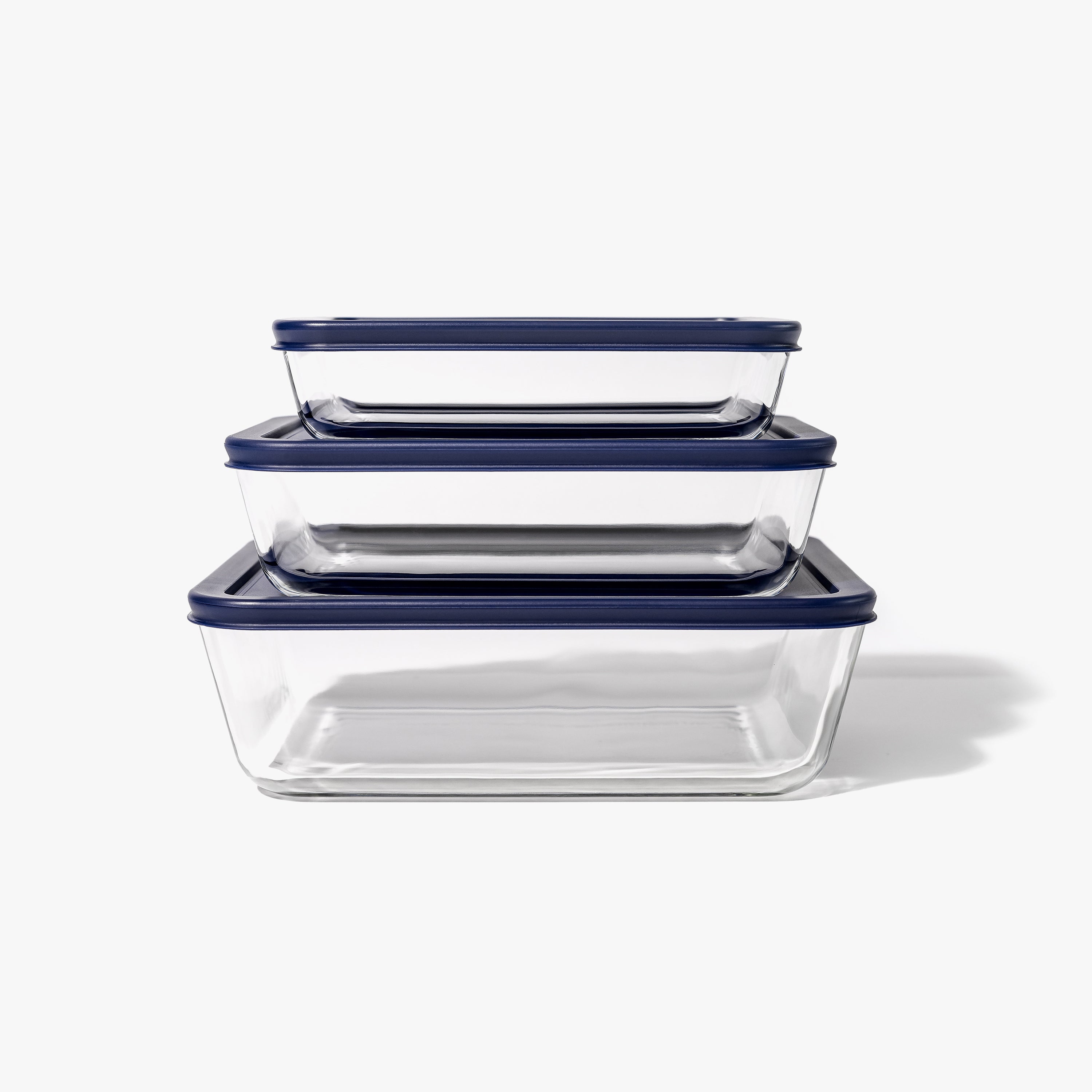 Glass Food Storage Containers - 6 Piece (3 Containers + 3 Lids) Rectangular Nesting Space-Saving Set